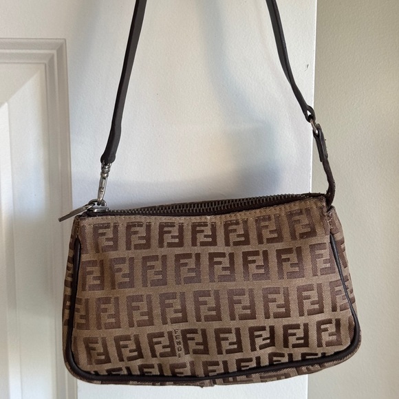 FENDI Hand Bag Tote FF Zucchino Pouch Purse Canvas Leather Brown Authentic - Picture 14 of 17